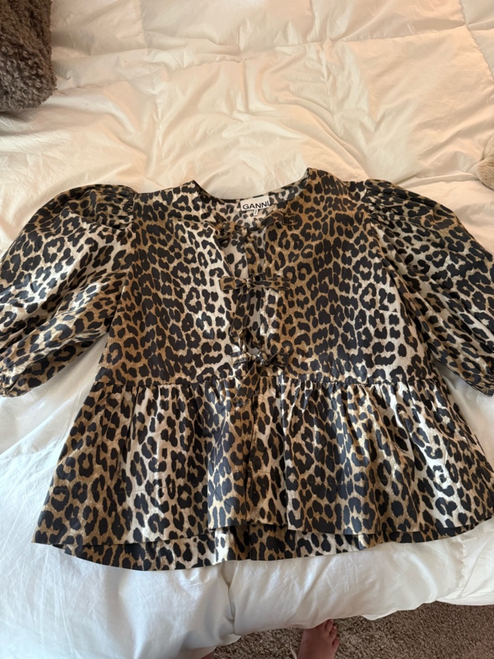 Ganni Leopard Print Puff-Sleeve Blouse in Brown and Black